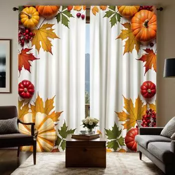 Комплект из 2 предметов HD Harvest Festival, маленькая свежая тыква, кленовый лист, занавеска, белая, с цифровой печатью, занавеска для домашнего декора в стиле Decora W52H63inchW132H160cm