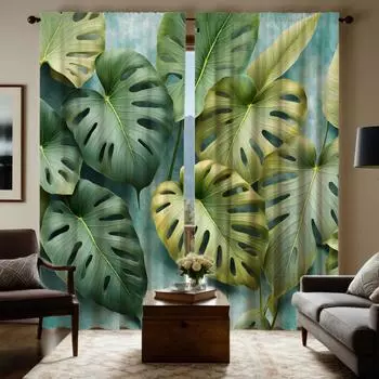 Комплект из 2 предметов HD Юго-Восточная Азия банановый лист декоративная занавеска зеленая завязка цифровая печать занавеска украшение дома стиль Украшенный l W52H63inchW132H160cm