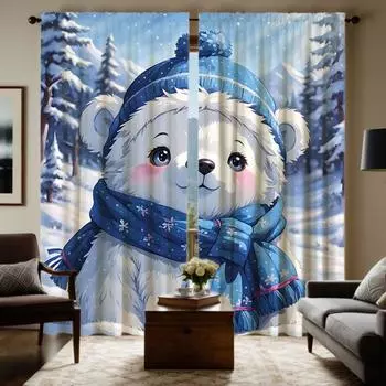 Комплект из 2 предметов, HD, милый зимний медведь, декоративная занавеска, синяя занавеска с цифровой печатью, украшение для дома, стиль, украшение для гостиной W52H63inchW132H160cm