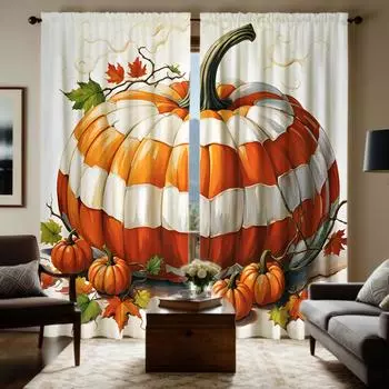 Комплект из 2 предметов HD Осенняя клетчатая тыква декоративная занавеска Белая занавеска с цифровой печатью Стиль украшения дома Украшение li W52H63inchW132H160cm