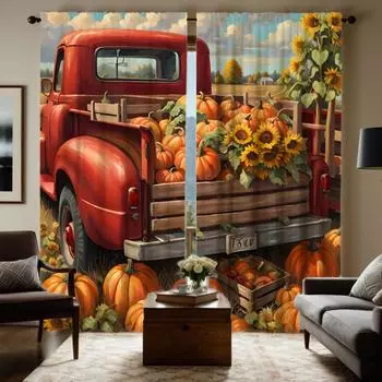 Комплект из 2 предметов HD Праздник урожая поле Подсолнух тыква автобус занавеска Желтая завязка цифровая печать занавеска Домашний декор стиль Украсить W52H63inchW132H160cm
