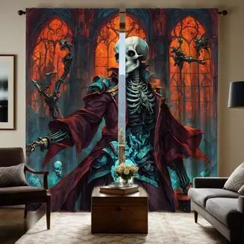 Комплект из 2 предметов HD Retro Dungeon Skull, декоративная занавеска, синяя занавеска с цифровой печатью, стиль домашнего декора, украшенная гостиная W52H63inchW132H160cm