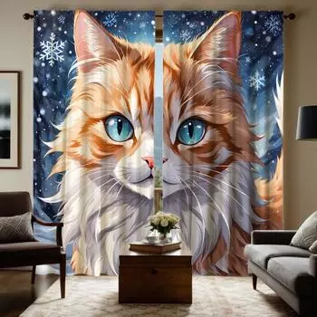 Комплект из 2 предметов HD Рождественская снежинка ночь персидская кошка занавеска Желтая завязка цифровая печать занавеска украшение дома стиль Украсить l W52H63inchW132H160cm