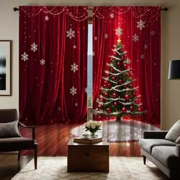 Комплект из 2 предметов, HD, рождественские снежинки, елочные украшения, шторы, красные занавески с цифровой печатью, украшение для дома в стиле Декабрь W52H63inchW132H160cm