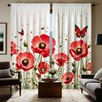 Комплект из 2 предметов HD, розовые цветы, бабочки, декоративные занавески, красная завязка, цифровая печать, занавески, украшение для дома, стиль, украшение для гостиной W52H63inchW132H160cm