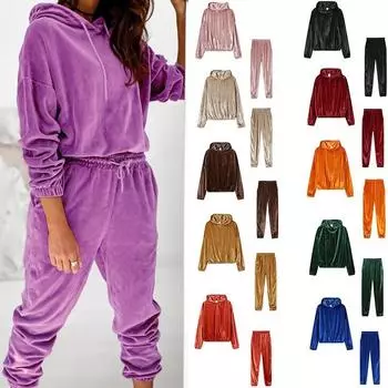 Комплект из 2 предметов из бархатного материала для женщин, повседневная спортивная одежда, спортивный костюм с капюшоном, толстовка + брюки, весенняя спортивная одежда, комплекты для бега XXL чёрный