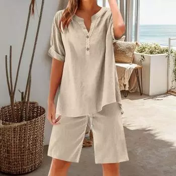 Комплект из 2 предметов из хлопка и льна для женщин, короткий рукав, V-образный вырез, широкие шорты, летний повседневный свободный комплект для отдыха XXL