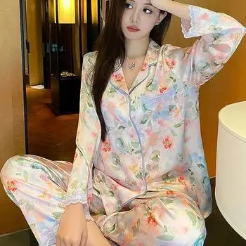 Комплект из 2 предметов из искусственного шелка и кружева, женская пижама, весна-осень, с длинным рукавом, удобная и приятная для кожи пижама M