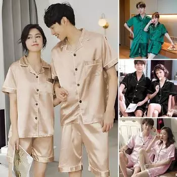 Комплект из 2 предметов из искусственного шелка, пижамный комплект с коротким рукавом, пуговицами, рубашкой с лацканами и шортами на резинке, летняя классная одежда для сна M