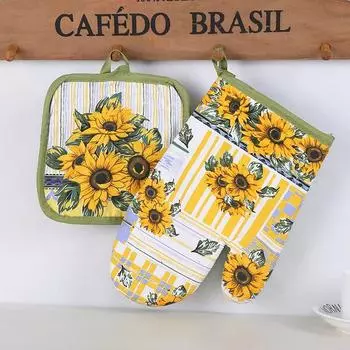 Комплект из 2 предметов из полиэстера и хлопка для микроволновой печи, термостойкие и устойчивые к ожогам перчатки для духовки, коврик для стола, кухонные принадлежности