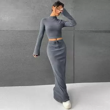 Комплект из 2 предметов из трикотажной хлопковой юбки со шнуровкой, женский повседневный топ с длинным рукавом и воротником-стойкой, узкие длинные юбки с высокой талией S чёрный