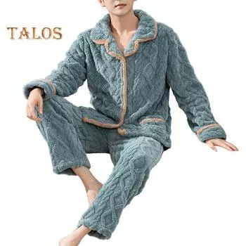 Комплект из 2 предметов/комплект мужской пижамы из кораллового флиса с длинными рукавами и карманами, эластичный пояс, широкие длинные брюки, зимняя домашняя одежда L синий
