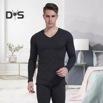 Комплект из 2 предметов/комплект, зимний мужской термобелье с V-образным вырезом, на плюшевой подкладке, бесшовный, с длинным рукавом, теплый, облегающий, высокоэластичный, для холодной погоды, пижамный комплект, домашняя одежда L чёрный