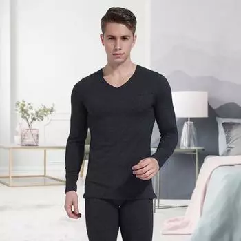 Комплект из 2 предметов/комплект, зимний мужской термобелье с V-образным вырезом, на плюшевой подкладке, бесшовный, с длинным рукавом, теплый, облегающий, высокоэластичный, для холодной погоды, пижамный комплект, домашняя одежда L светло-серый