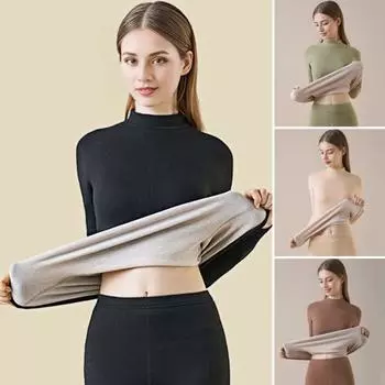 Комплект из 2 предметов/комплект, зимний женский термобелье, полувысокий воротник, бесшовный, длинный рукав, теплый M чёрный