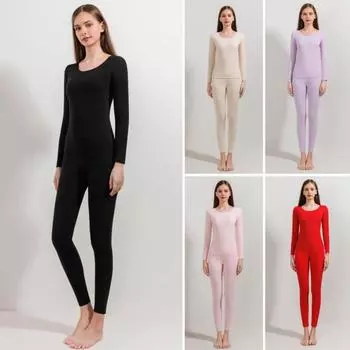 Комплект из 2 предметов/комплект, зимний женский термобелье, круглый вырез, бесшовный, длинный рукав, теплый, толстый, двухсторонний, плюшевый, облегающий, эластичный, женский пижамный комплект M