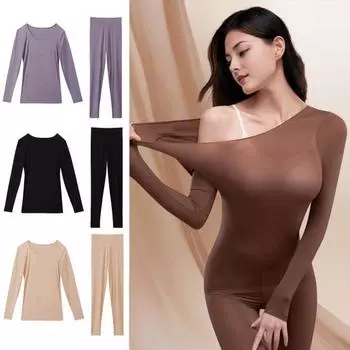 Комплект из 2 предметов/комплект, зимний женский термобелье, круглый вырез, бесшовный, длинный рукав, теплый, тонкий, облегающий, высокоэластичный, для холодной погоды, пижамный комплект L