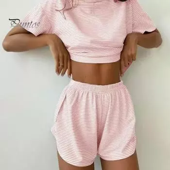 Комплект из 2 предметов летней домашней одежды: топ и брюки, полосатая пижама, свободная одежда для сна, футболка с коротким рукавом, эластичный пояс, шорты с разрезом S чёрный