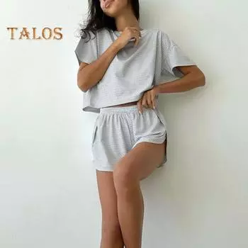 Комплект из 2 предметов летней домашней одежды: топ и брюки, полосатая пижама, свободная одежда для сна, футболка с коротким рукавом, эластичный пояс, шорты с разрезом S розовый