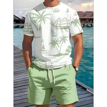 Комплект из 2 предметов: летние повседневные мужские шорты с коротким рукавом, гавайский принт, мужская футболка, спортивные мужские пляжные шорты для активного отдыха S