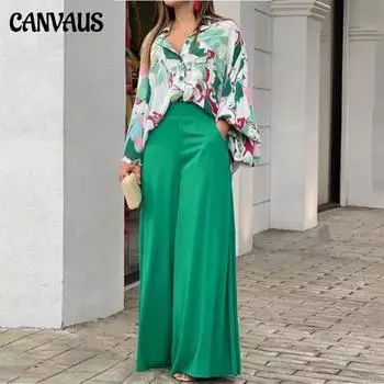 Комплект из 2 предметов, летние свободные повседневные рубашки с принтом больших размеров, топы, широкие брюки S темно-зеленого