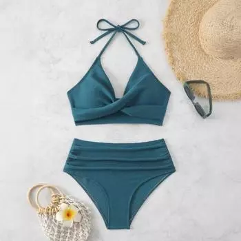 Комплект из 2 предметов: летний комплект бикини, бюстгальтер с лямками на шее и плиссировкой, плавки с высокой талией, однотонный купальник S чёрный