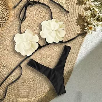 Комплект из 2 предметов: летний комплект бикини, регулируемый, на шнуровке, с лямкой на шее, с 3D-цветком, с низкой посадкой, комплект плавок, купальники S синий