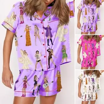 Комплект из 2 предметов: летняя пижама, одежда для сна для поклонников кантри-музыки, рубашка с атласными лацканами и застежкой на пуговицы, шорты, свободная пижама с шортами и эластичным поясом XXL фиолетовый