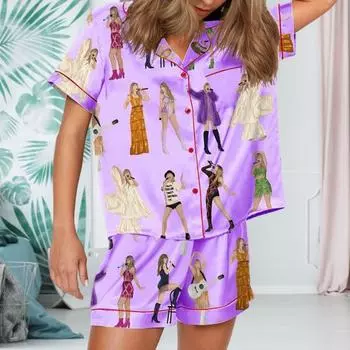 Комплект из 2 предметов: летняя пижама, одежда для сна для поклонников кантри-музыки, рубашка с атласными лацканами и застежкой на пуговицы, шорты, свободная пижама с шортами и эластичным поясом S белый