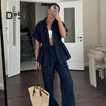 Комплект из 2 предметов: летняя женская рубашка и брюки, стиль карго, короткие рукава, отвороты, застежка на пуговицы, блузка, эластичный пояс, брюки с боковыми карманами L темно-синий