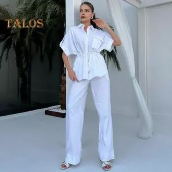 Комплект из 2 предметов: летняя женская рубашка и брюки, стиль карго, короткие рукава, отвороты, застежка на пуговицы, блузка, эластичный пояс, брюки с боковыми карманами L темно-синий