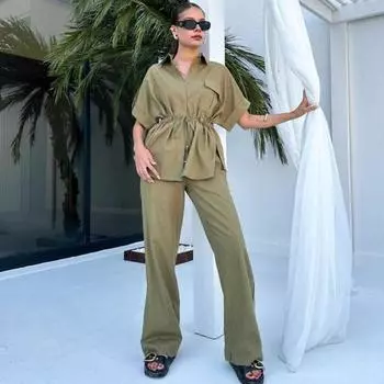 Комплект из 2 предметов: летняя женская рубашка и брюки, стиль карго, короткие рукава, отвороты, застежка на пуговицы, блузка с эластичной талией, брюки с боковыми карманами, брючный костюм L темно-синий