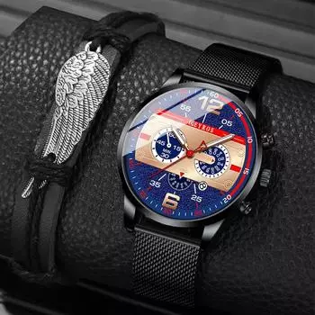 Комплект из 2 предметов, модные мужские часы, мужские деловые часы из нержавеющей стали с сетчатым ремешком, кварцевые часы класса люкс для мужчин, повседневные часы с кожаным браслетом и ночным свечением