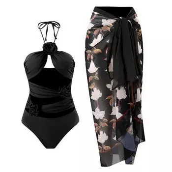 Комплект из 2 предметов/монокини, сексуальный ажурный дизайн, мягкая поддержка, 3D цветочный декор, купальник с принтом, юбка, комплект из шифона, пляжная одежда S оранжевый