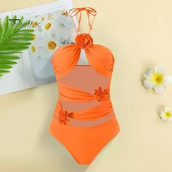 Комплект из 2 предметов/монокини, сексуальный ажурный дизайн, мягкая поддержка, 3D цветочный декор, купальник с принтом, юбка, комплект из шифона, пляжная одежда S зелёный