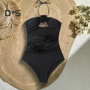 Комплект из 2 предметов/монокини, сексуальный ажурный дизайн, мягкая поддержка, 3D цветочный декор, купальник с принтом, юбка, комплект из шифона, пляжная одежда S чёрный