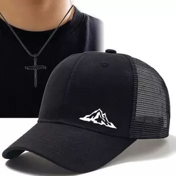 Комплект из 2 предметов: мужская бейсболка, ожерелье, напечатанная уличная сетка, козырек от солнца, дышащая сетка, модное ожерелье с крестом, кулон, сетка, красная шляпа от солнца хаки