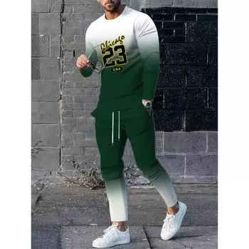 Комплект из 2 предметов: мужская футболка с длинным рукавом и принтом в виде букв градиентного цвета + брюки для фитнеса, повседневный облегающий спортивный костюм для тренировок на открытом воздухе S
