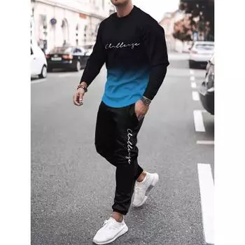 Комплект из 2 предметов: мужская футболка с длинным рукавом + спортивные штаны, повседневный дышащий костюм с принтом букв и градиентным цветом для осени и весны S