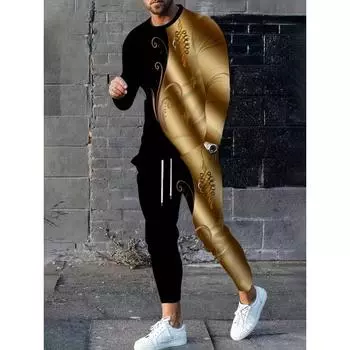 Комплект из 2 предметов: мужская футболка с длинным рукавом и брюки, этнический цветочный узор, повседневный костюм с цветочным принтом, всесезонная уличная одежда S