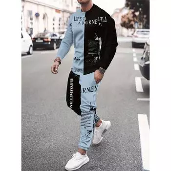 Комплект из 2 предметов: мужская футболка с длинным рукавом, спортивные штаны, LIFE IS A JOURNEY, повседневный дышащий костюм с цветным принтом на осень и весну S
