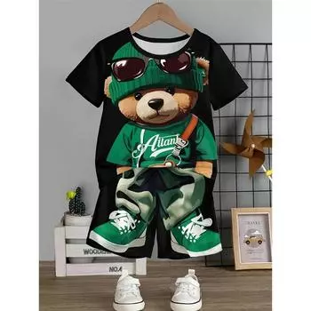 Комплект из 2 предметов: мужская футболка с коротким рукавом и шорты на шнурке с принтом мультяшного медведя, летний повседневный топ, мужские пляжные брюки для спорта на открытом воздухе S