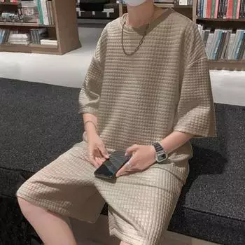 Комплект из 2 предметов: мужская летняя одежда, футболка с коротким рукавом и круглым вырезом, эластичный пояс, широкие штанины, карманы, шорты, однотонный цвет 3XL серый