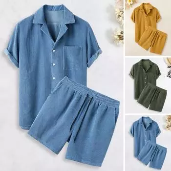 Комплект из 2 предметов: мужская летняя одежда, однобортная рубашка с коротким рукавом и лацканами, эластичный пояс на шнурке, широкие шорты L армия зеленый