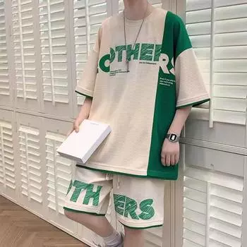 Комплект из 2 предметов: мужская летняя повседневная одежда, футболка с коротким рукавом и круглым вырезом, эластичный пояс на шнурке, широкие шорты, цветная пэчворк M бежевый