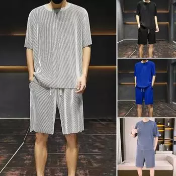 Комплект из 2 предметов: мужская летняя повседневная одежда, футболка с коротким рукавом и круглым вырезом, эластичный шнурок на талии, карманы, широкие шорты XL светло-серый