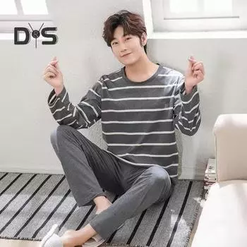 Комплект из 2 предметов: мужская пижама с круглым вырезом, длинными рукавами, полосатым принтом, топами и длинными брюками на эластичной талии, комплект домашней одежды для отдыха XXL разноцветный