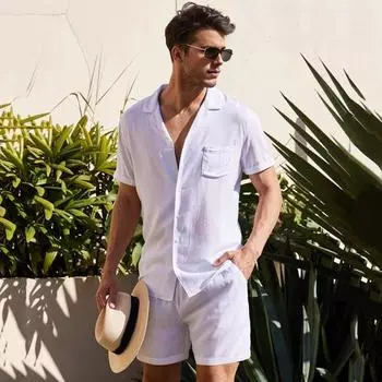 Комплект из 2 предметов: мужская рубашка с коротким рукавом и лацканами, эластичный пояс, один карман, шорты, однотонный праздничный наряд 3XL армия зеленый