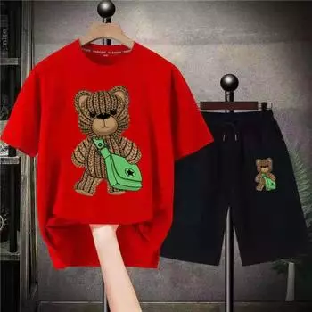 Комплект из 2 предметов, мужские хлопковые футболки с медведем, шорты, женский спортивный костюм, комплект для бега, женский спортивный костюм, мужская повседневная футболка, уличная одежда, мужской комплект M