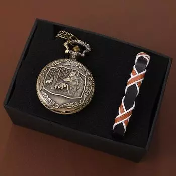 Комплект из 2 предметов, мужские карманные часы «волк» из меди и кварца и 1 повседневный мужской браслет, идеальный выбор для подарков